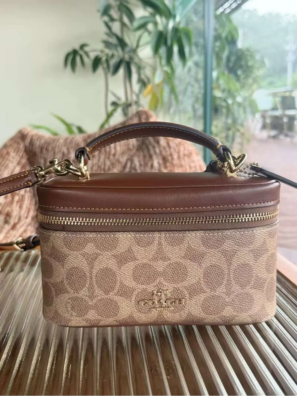 Coach Mini Vanity Crossbody in Signature Tan Canvas and Brown Leather
